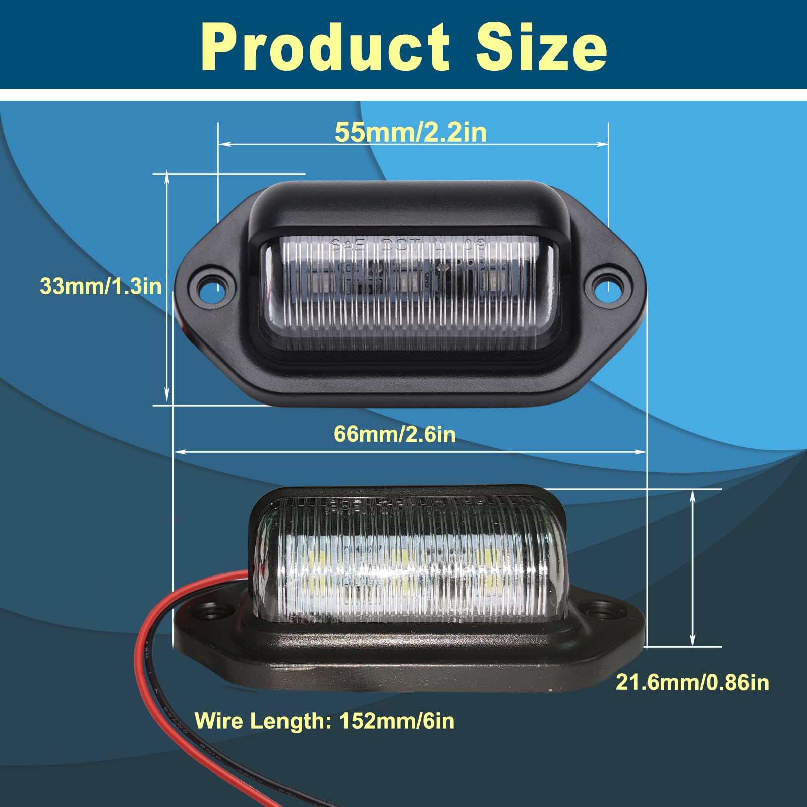 2 件氙白色 LED 牌照灯，12V-24V DC 防水 6-SMD 灯尾灯