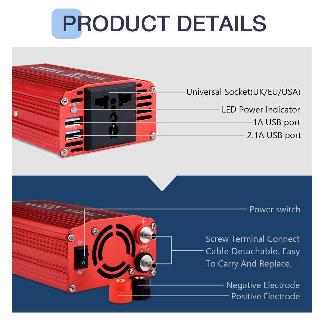 300W 汽车交流电源逆变器 DC 12V 至 110V 适用于车辆转换器 3.1A 双 USB 快速充电端口车载充电器适配器，红色