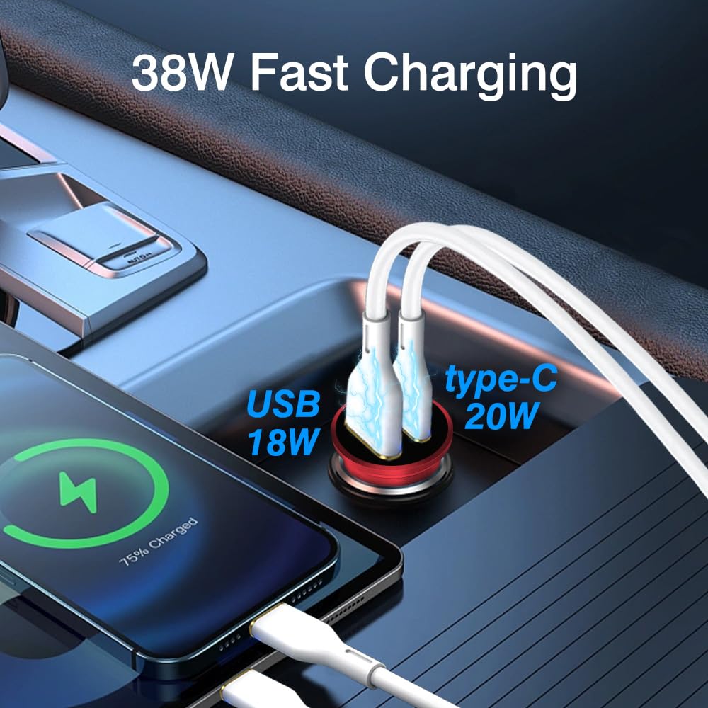 USB C 车载充电器快速充电端口适配器，20W QC3.0+ 汽车点烟器 USB Type C 车载充电器（红色）